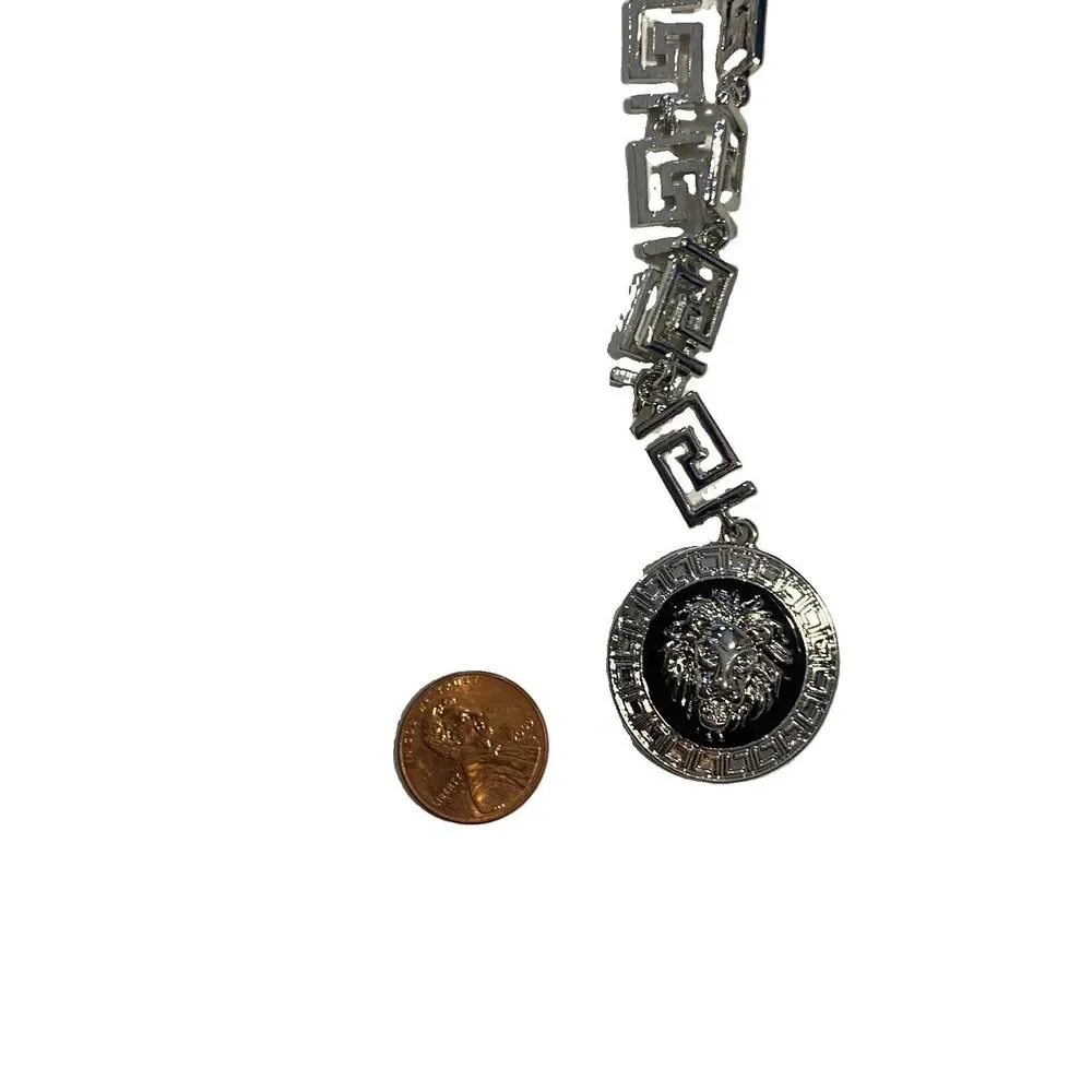 Silver Tone Greek Meander Link Necklace with Black Lion Medallion Pendant Charm